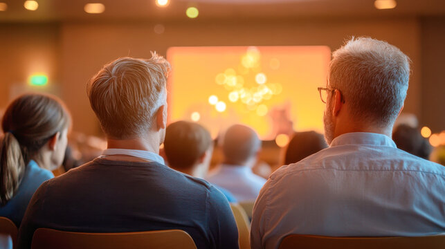 audience in a dimly lit room, attentively observing a presentation displayed on a large screen