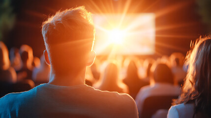 audience in a dimly lit room, attentively observing a presentation displayed on a large screen