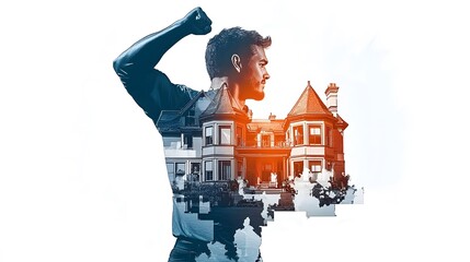 A strong male figure with his arms raised, integrated with an image of a luxury mansion, indicating wealth.Double Exposure.[men]:[wealth] 