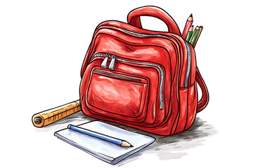 A red backpack with school supplies, including pencils, a ruler, and a notebook.