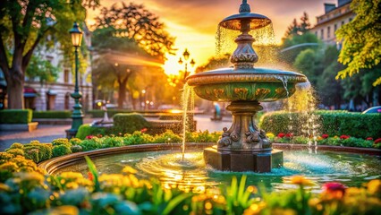 Captivating Macro Photography of a Majestic Fountain in a Park Surrounded by Lush Greenery and Historic Architecture in the Heart of the City