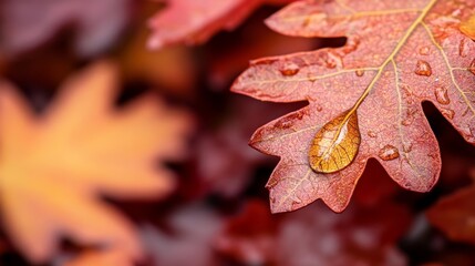 Water Drop on Autumn Leaf Amidst Colorful Foliage