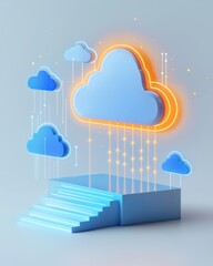 A stylized illustration of a cloud with glowing outline, surrounded by smaller clouds, above a set of stairs, symbolizing digital ascent and cloud technology.