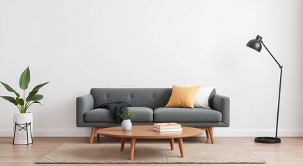 Modern living room interior with a gray sofa, a round coffee table, a floor lamp, and a plant.
