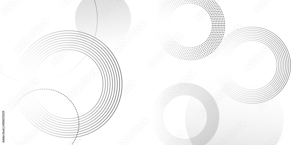 Poster abstract white background with black circle rings. spiral sound wave rhythm line and dots dynamic ab