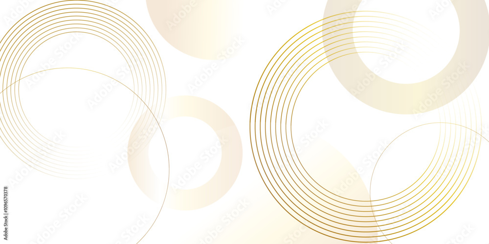 Poster Abstract white background with golden circle rings. Spiral sound wave rhythm line and dots dynamic abstract background, Vector illustration design for presentation, banner, cover, poster, texture.	