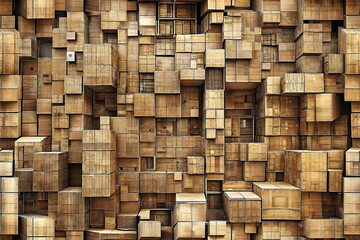 Intricate Layers of Packed Wooden Boxes Creating Unique Wall Pattern