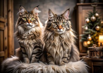 Captivating Maine Coon Cats in Elegant Product Photography Showcasing Their Majestic Fur and Playful Nature in a Cozy Home Environment