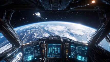 Spaceship cockpit view of Earth and space satellite.