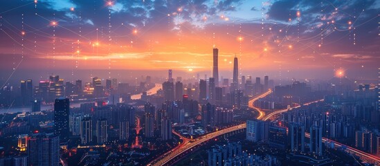 Obraz premium Cityscape with Connected Lights at Sunset