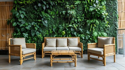 Fototapeta premium Modern Bamboo Furniture with Greenery Wall