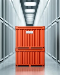 An orange storage container stands in a well-lit corridor lined with metallic storage units, emphasizing organization and functionality.