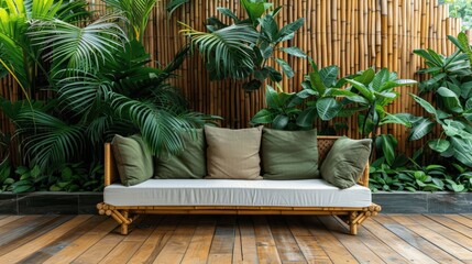 Fototapeta premium Serene Outdoor Lounge with Tropical Foliage Backdrop