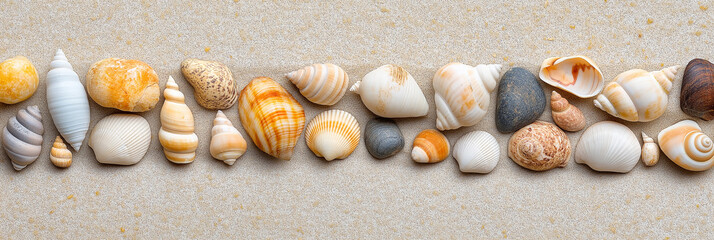 A collection of assorted seashells and pebbles in varying shapes and colors laid out neatly on a sandy surface, evoking a tranquil beach vibe.
