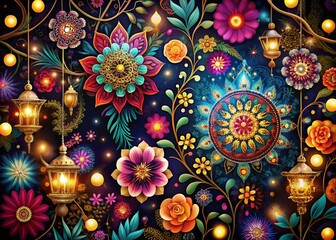 Captivating Night Photography of Abstract Ethnic Floral Designs with Whimsical Elements for a Unique Artistic Perspective