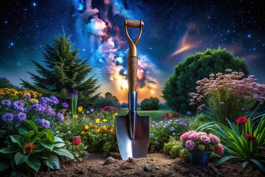 Captivating Night Photography of a Spade Tool in the Garden, Showcasing Detailed Textures and Reflections Under Soft Moonlight, Evoking a Sense of Tranquility and Connection with Nature