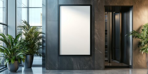 The elevator lobby features a modern aesthetic with a blank poster frame on a stylish wall, surrounded by greenery, creating an elegant atmosphere perfect for advertisements and art displays