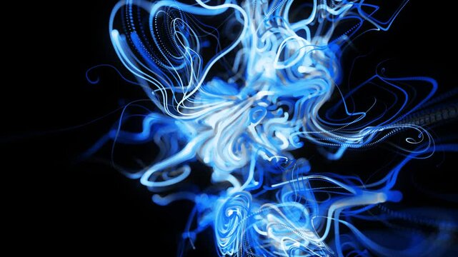 Visualization of neural network operation bg. Abstract fast lines of light streaks in air. Stream of lines forms curled blue lines like glow light trails, lines form swirling pattern like curle noise.