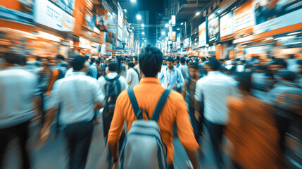 Naklejka premium people at a trade show in a blurred abstract business setting, highlighting the bustling atmosphere and interactions