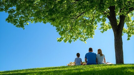 A family enjoying a picnic under a tree in the park, bright natural light