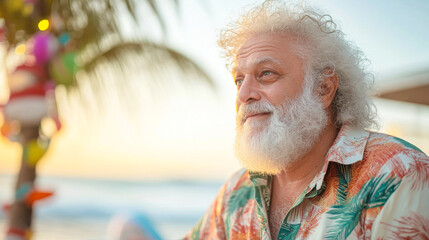 Indian santa claus on a beach wearing a tropical shirt, standing near a decorated palm tree and a surfboard, with sand and ocean waves in the background