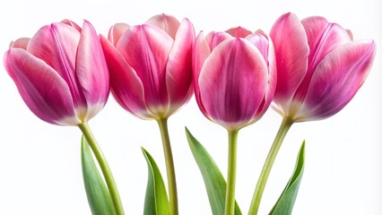 Fototapeta premium Captivating Panoramic View of Isolated Four Pink Spring Tulip Flowers on a Crisp White Background, Perfect for Floral Decor and Nature Photography Enthusiasts