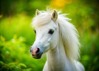 Obraz premium Captivating Portrait of a Small White American Miniature Horse Head Against a Lush Green Nature Background, Showcasing the Beauty of Outdoor Equine Life