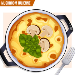 Mushroom Julienne Pot Top View with Fork Topped with Cheese Crust, Sliced Mushrooms and Basil. Authentic Russian Cuisine Detailed Illustration 