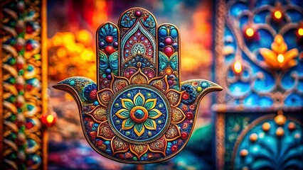 Naklejka premium Captivating Portrait Photography Featuring the Hamsa Hand of Fatima, Emphasizing Spiritual Symbolism and Cultural Significance in a Stunning Artistic Composition