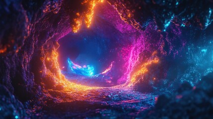Obraz premium A vibrant, glowing cave filled with colorful light effects and textured rock formations.