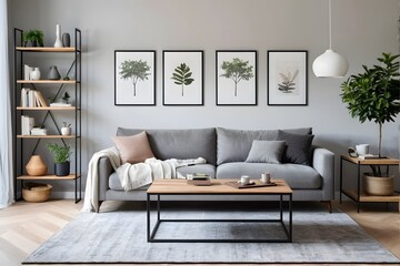 Modern living room interior with grey sofa, coffee table, shelving unit, stylish lamp, painting, and indoor tree.