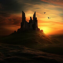 Obraz premium Ruined Castle at Sunset