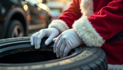 Santa Claus dressed in traditional costume inspecting a car tire in a garage setting. The festive scene blends holiday cheer with practical maintenance activities, highlighting a unique seasonal twist