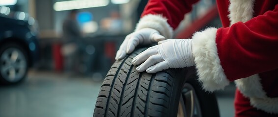 Santa Claus dressed in traditional costume inspecting a car tire in a garage setting. The festive scene blends holiday cheer with practical maintenance activities, highlighting a unique seasonal twist