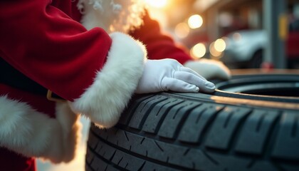 Santa Claus dressed in traditional costume inspecting a car tire in a garage setting. The festive scene blends holiday cheer with practical maintenance activities, highlighting a unique seasonal twist