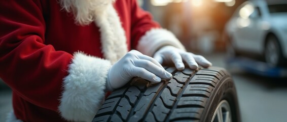 Santa Claus dressed in traditional costume inspecting a car tire in a garage setting. The festive scene blends holiday cheer with practical maintenance activities, highlighting a unique seasonal twist