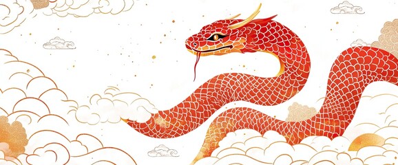 Obraz premium Chinese New Year-inspired illustrations featuring red dragons and snakes with symbolic designs. AI generated image