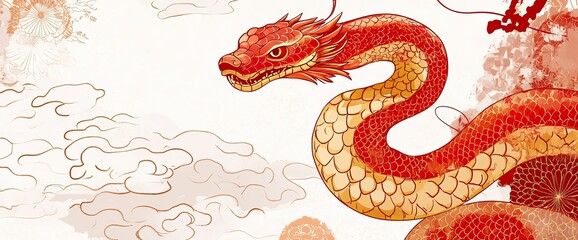 Fototapeta premium Chinese New Year-inspired illustrations featuring red dragons and snakes with symbolic designs. AI generated image