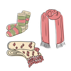 Cozy winter accessories set with striped socks, warm scarf, and decorative blankets. Vector contour doodles isolated on white background