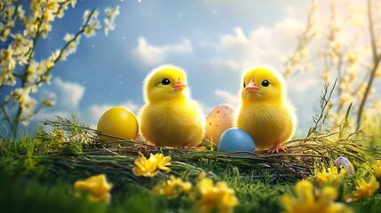 Adorable Easter Chicks and Baby Chickens with Easter Eggs in a Meadow, Surrounded by Willow Branches and Spring Flowers, Bright Colors and Natural Sunlight, High-Detail Digital Illustration.