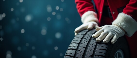 Santa Claus wearing white gloves holds a car tire against a festive winter background with...