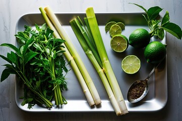 Lemongrass and Kaffir Lime Leaves: Vibrant Herbal Ingredients on a Shining Surface