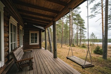 Fototapeta premium Wooden cabin in the Swedish forest with a covered porch and a swing hanging from the eaves, foliage, wilderness