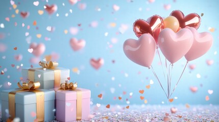 Whimsical Digital Celebration with Colorful Heart-Shaped Balloons and Gift Boxes on a Soft Blue Background Surrounded by Glittering Confetti