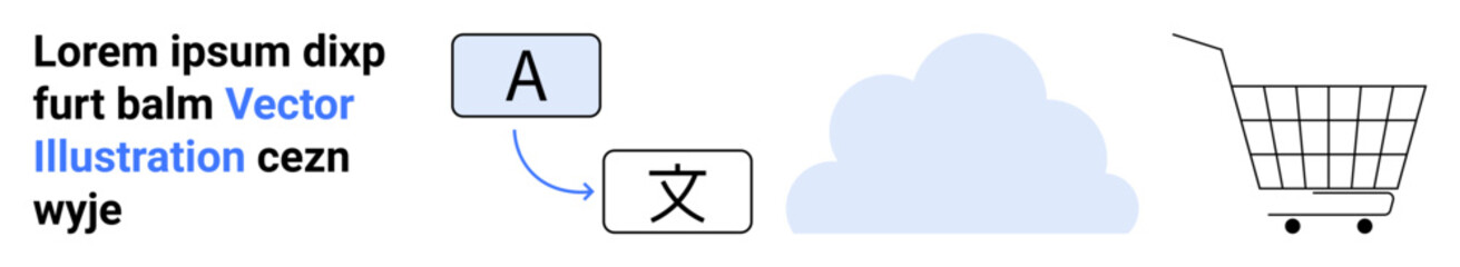 Language translation icons, cloud symbol, and shopping cart. Ideal for e-commerce, technology, cloud services, translation, globalization, online shopping, digital marketing. Banner for landing page