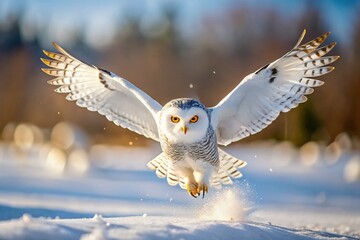 Captivating Tilt-Shift Photography of a Snowy Owl in Flight Over a Winter Wonderland, Emphasizing the Beauty of Nature and the Majesty of This Iconic Bird in Motion