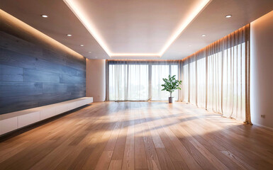 Warm and inviting minimalist space featuring light wooden floors a gray accent wall recessed lights a green plant and sheer curtains over a sunny window.