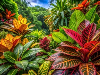 Obraz premium Captivating Vibrant Tropical Leaves in Lush Greenery, Showcasing Nature's Palette with Brilliant Hues and Intricate Textures, Perfect for Nature Lovers and Tropical Aesthetic Enthusiasts