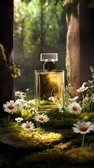 A perfume bottle surrounded by daisies and moss in a forest setting.