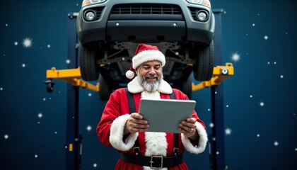 Santa Claus dressed as a mechanic, standing in an auto repair shop, attentively reviewing car...